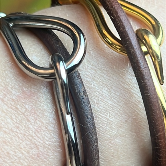 Hermes Hook Bracelet Jumbo Metal Logo Silver Color Brown Leather Chocker 15" - Picture 9 of 13
